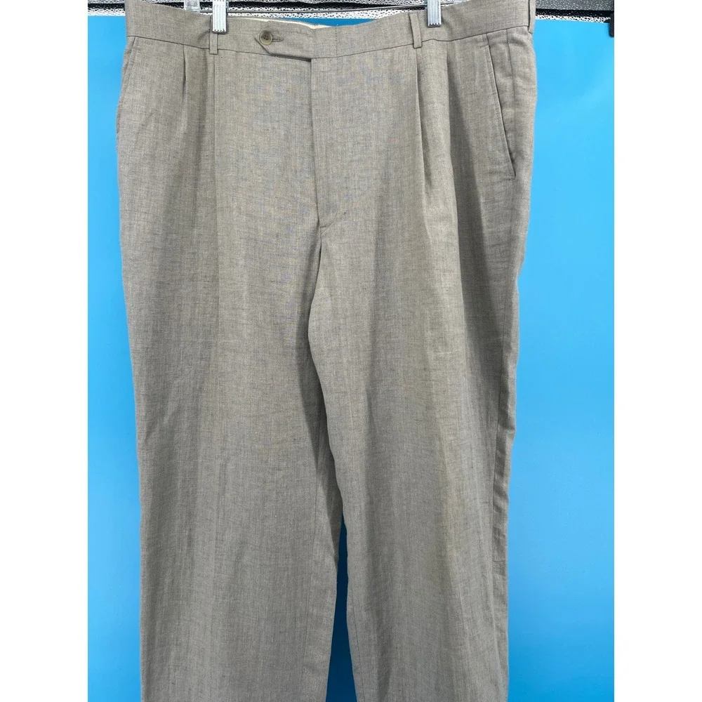 Brooks Brothers Mens 40R Tan Beige 100% Linen Pleated Cuffed Dress Pants